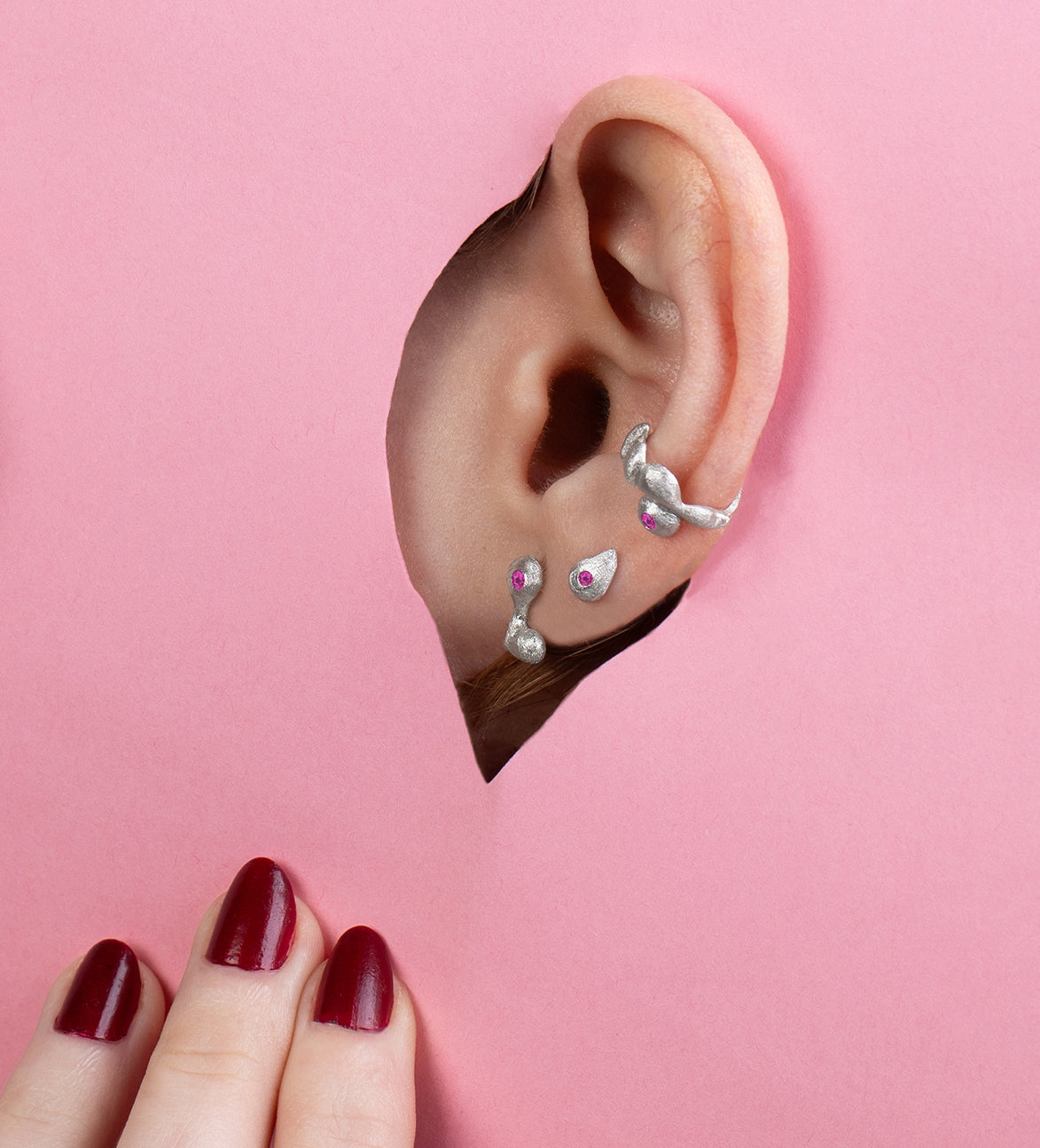 bobbles ear cuff silver & pink sapphire